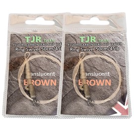 Twin pack 50cm fluorocarbon carp Leaders Carp safety lead Clips Ring swivels (Translucent Brown)