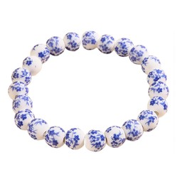 Agemoss Porcelain Beads Bracelet, Blue and White Floral Design, Vintage Style Ceramic (青花)