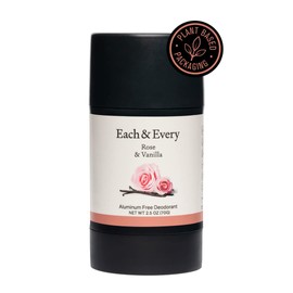 Each & Every Natural Aluminum-Free Deodorant for Sensitive Skin with Essential Oils, Plant-Based Packaging, Rose & Vanilla, 2.5 Oz.