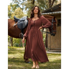 Smocked Dress for Women Long Sleeve Renaissance Costume Cottagecore Maxi Gown with Pockets Reddish Brown XL