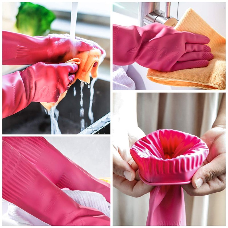 YSLON Rubber Dishwashing Glove Kitchen Cleaning Gloves 3-Pairs,Waterproof Reuseable.(Pink,Small)