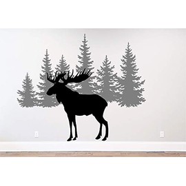 Pine Tree Branches Forest Moose Winter Deer Silhouette Wall Decal Sticker Nature Woods Scene