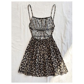 Verdusa Women's Leopard Print Mini Dress Fitted Spaghetti Strap Mesh Slip Dress Brown Medium