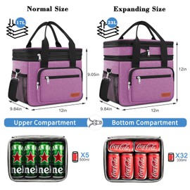 23L Extra Large Expandable Insulated Cooler Lunch Box for Men Double Deck Leakproof Heavy Duty Lunch Bag with 4 Ice Packs&2 Snack Bags for Adult/Construction/Women/Work/Picnic/Camping - Purple