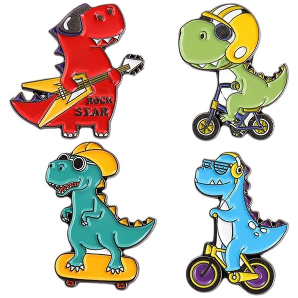 USHOBE 4 Pcs Dinosauro Pin Cartoon Animale Spille Carino Lega Spilla Skateboard Bicicletta Chitarra Dinosauro Forma Smalto Pin Per Abbigliamento Borse Zaini Giacche Cappello