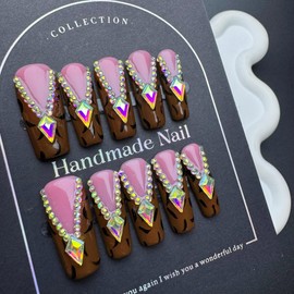 Diamond Press on Nails Handmade Long Coffin Fake Nails Fall False Nails Brown Leopard French tip Glue on Nails Rhinestones Stick on Nails Reusable Handmade Nails for Women Manicure Size M