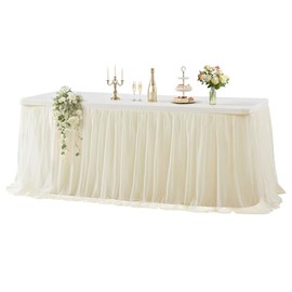 Wish Care - Juego de 1 mantel de tul champaña para mesas rectangulares de 6 pies, falda de mesa de tutú, mantel elástico, ajustable, sin arrugas, para bodas, cumpleaños, banquetes, decoración de mesa