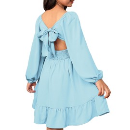 blibean Girl Long Sleeve Tie Back Dress Teens Fall Boho Semi Formal Dresses Tweens Holiday Off Shoulder Outfits Little Kids Fancy Party Valentines Clothes Size 10-11 Years Old Sky Blue