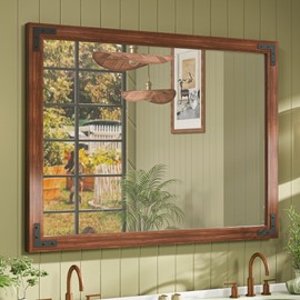 TETOTE 40 x 30 Inch Rustic Bathroom Wood Framed Mirror for Over Sink, Farmhouse Natural Walnut Dark Brown Wooden Rectangle Decorative Wall Mirror, Horizontal/Vertical, Easy to Install