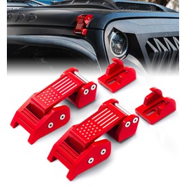 Xprite Red U.S. Flag Hood Latches - Adjustable Hood Latch Catches Kit Compatible with 2007-2018 Jeep Wrangler JK JKU, 2018-2024 Jeep Wrangler JL JLU, 2020+ Jeep Gladiator JT, Aluminum Hood Locks