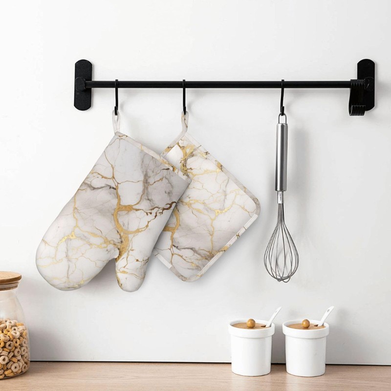 Oven Mitts and Pot Holders Marble Gray Gold White Silicone