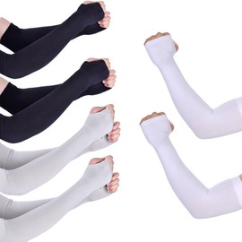 EZVING - Fundas para brazos, protección solar para tatuajes para hombres y mujeres, funda de compresión de refrigeración con agujero para el pulgar para ciclismo, Negro+blanco+gris claro, 2 Black+ 2