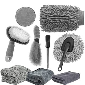 hifrom Auto Autopflege Reinigung Set, 9PCS Auto Reinigungsbürste Kit Mikrofaser Auto Detaillierung Waschen Werkzeuge, Reifenbürste Waschhandschuh, Car Duster Brush, für Auto Motorrad Innen und Außen