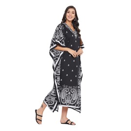 Oussum Paisley Print Kaftan for Women Polyester Caftan Dress Kimono Sleeve Plus Size Beach Maxi Dresses (Black Paisley Kaftan), Multi-color, One Size Plus