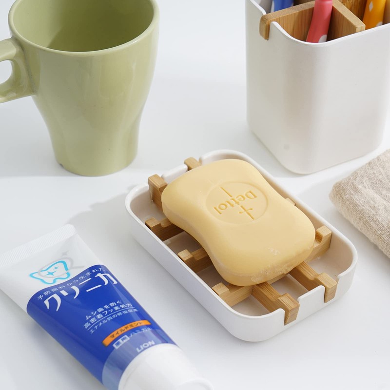 2 Pack Bamboo Soap Dish, Self-Draining Soap Box, Wooden Bamboo