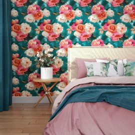 Floral Wallpaper Peel and Stick, Watercolor Blue and Pink Rose Contact Paper 17.4" x 393" Removable Waterproof Self-Adhesive Flower Wall Paper for Bedroom Countertop Desk Cabinets Renter Friendly