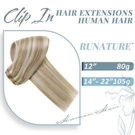 RUNATURE Real Hair Extensions Clip Brown Blonde Real Hair 25 cm 7 Pieces Clip-In Extensions Brown Highlights Blonde Seamless Clip Extensions Real Hair #8P60 80 g