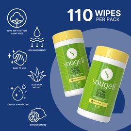 Snugell Citrus Scented CPAP Mask Wipes – 110 Count – 100% Soft Cotton, Lint-Free, Alcohol-Free – Skin-Safe Formula with Aloe Vera – Easy-Open Canister for Cleaning CPAP Masks, Tubes, and Devices