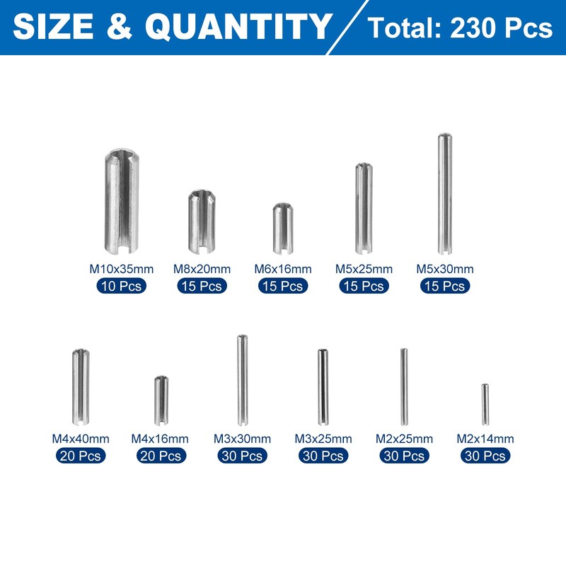 sourcing map 230Pcs Roll Pin Assortment Set 304 Stainless Steel