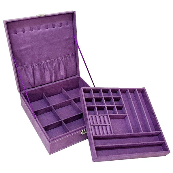 First to act tactical Two-Layer lint Jewelry Box Organizer Display Storage case with Lock (Purple, 10.2" x 10.2" x 3.2")