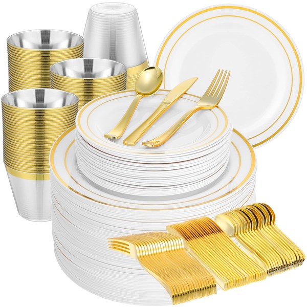 Maxdot 750 Pcs Plastic Party Plates Set Plastic Plate with Rim Includes 125 Dinner Pates, 125 Dessert Plates, 125 Cutlery Sets and 125 Cups Wedding Disposable Dinnerware for Birthday Party (Gold)
