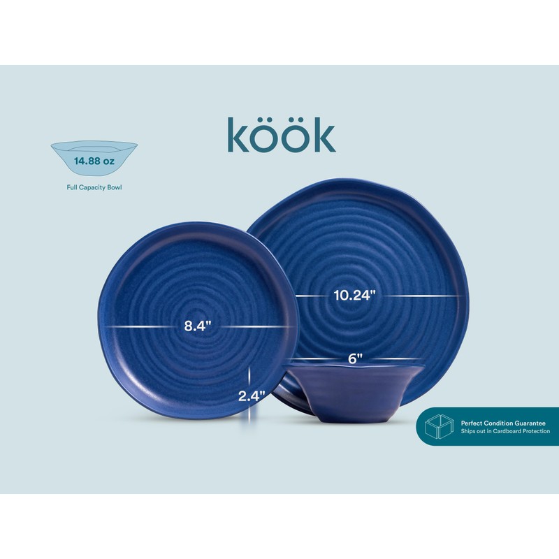 KooK Ceramic Dinnerware Set, Service for 4 (12-Piece) Plates &