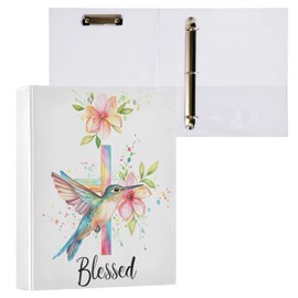 Vuiyean Blessed Quoted Hummingbird Floral Cross 1.5 Inch Binders 3 Ring with Clipboard&2 Pockets Large Heavy Duty Binders Decorative D-Ring Binder Flexible Hardcover Binders, Holds 200 Sheets