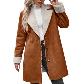 chouyatou Women's Winter Sherpa Lined Faux Suede Leather Jacket Oversized Notch Lapel Mid Long Overcoat (XX-Large, Brown)