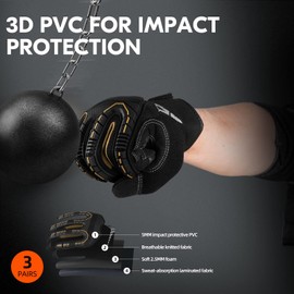 Vgo... 3-Pairs Heavy Duty Synthetic Leather Work Gloves, Impact Protection Mechanic Gloves, Rigger Gloves, Vibration Reduction, Touchscreen Capable (Size XL, Black&Gold, SL8849)