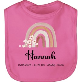 Geschenk mit Namen personalisiert by Shirtracer - Baby Bib - Rainbow with Name | Rainbow Miracle | With Birth Date Name Date Time Weight and Size, 2 Pink
