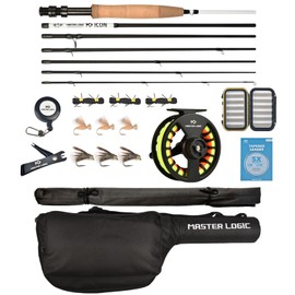 MASTER LOGIC Fly Fishing Rod and Reel Combo Starter Kit, 4-Piece Graphite Fly Rod with Cork Handle, Die Cast Aluminum Reel, Fly Box Case & Fishing Flies and, Carrying Case and Accessories