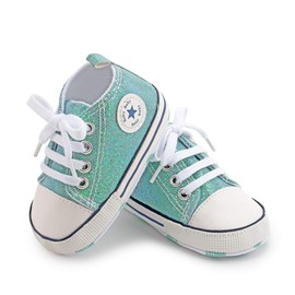 BAIELey walk in the clouds Baby Boys Girls Infant Canvas Sneakers High Top Lace up Bling Sequins Soft Sole Newborn First Walkers Shoe (Green 6-12_Months)