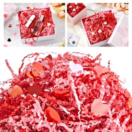 Leitee 1 lb Valentines Red and Pink Crinkle Cut Paper with Heart Confetti, Paper Shred Filler Strand Raffia Grass Tissue Crinkle Paper Gift Box Basket Packing Fillers Christmas