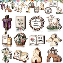 Anglechic 36 Pcs Vintage Easter Tree Decorations Religious Easter Ornaments for Tree He is Risen Decorations Wooden Hanging Cross Spring Ornaments Decorative for Craft Home Party Decor