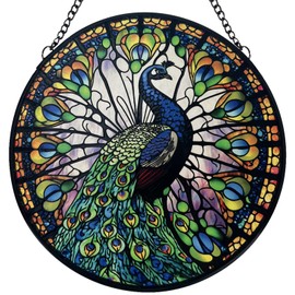 Peacock Decor Stained Glass Suncatcher - Window Wall Hanging Ornament Hand-Painted Glass Panel Sun Catcher - Decoration for Home Garden Christmas Party Wedding Housewarming Gift