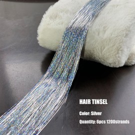 Silver Hair Tinsel Kit with Tool 6pcs 1200 Strands Glitter Tinsel Hair Extensions Heat Resistant Sparkling Shiny Fairy Hair Accessories for Women Girls Kids 47Inch