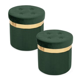 xuperbonus Folding Storage Ottoman,Round Storage Ottoman with Gold Trim,Small Velvet Storage Ottoman,Foot Stool with Soft Padded Seat,Toy Storage for Living Room,Bedroom,and Dorm(Green,2pcs)