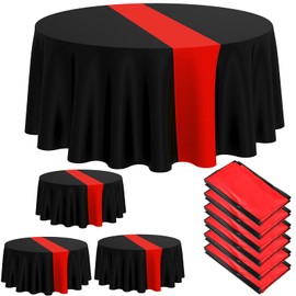 Oudain 6 Pcs Round Disposable Tablecloth 84 Inch Stain and Wrinkle Resistant Table Cover Plastic Tablecloths for Graduation Baby Shower Wedding Birthdays Party Decorations (Black,Red)