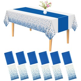 PLULON 12 Pack Plastic Tablecloth and Satin Table Runner Set White and Blue Dot Rectangle Table Covers Blue Satin Table Runner for Wedding Birthday Baby Shower Christmas Party Dinner Table Decorations