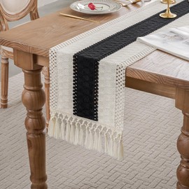 duduta Black Macrame Table Runner 12 x 36 inch, Farmhouse Dresser Covers Coffee Table Runner with Tassels