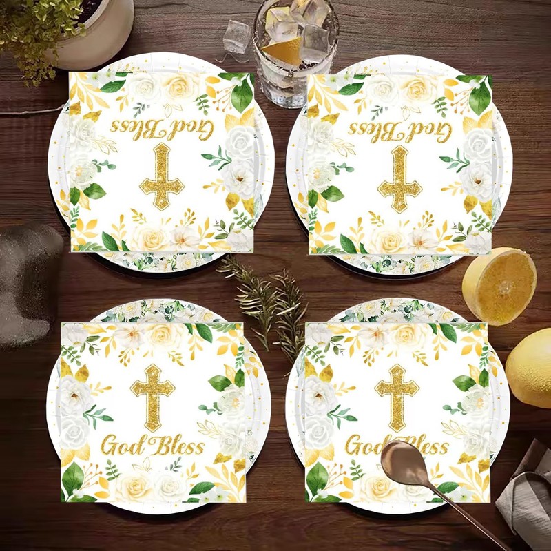 Yorcocek 40PCS God Bless Baptism Tableware Set