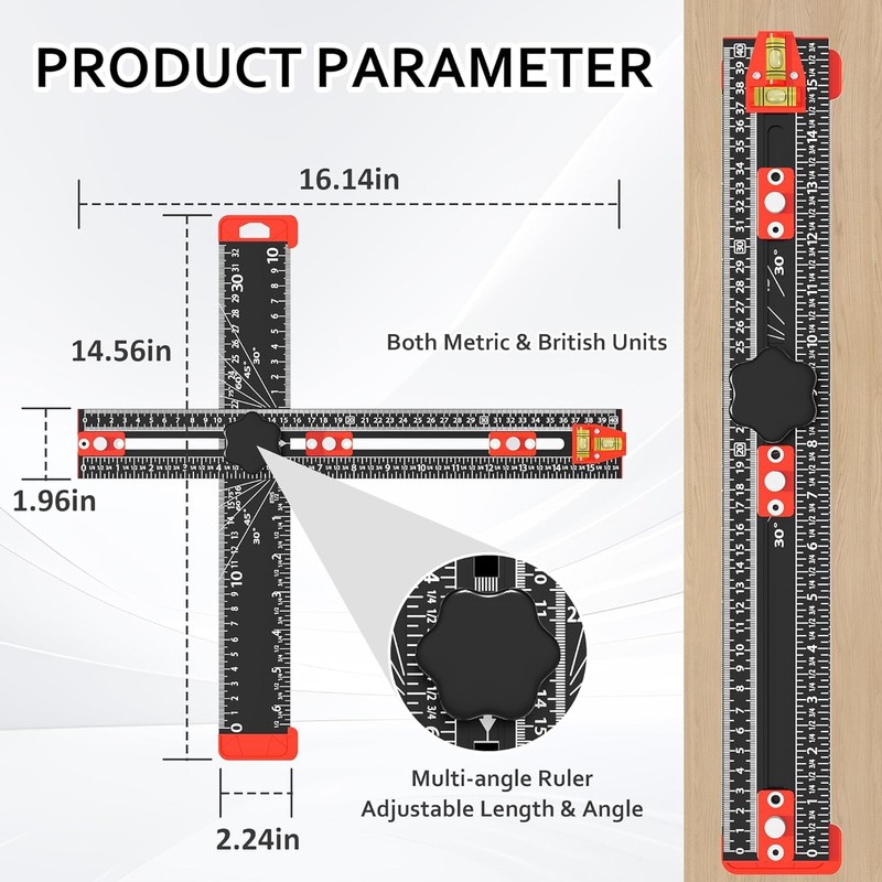 4-in-1 Drilling Positioning Jig, 35cm/14inch Multifunctional T Square Adjustable Angle