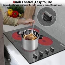 Karinear Electric Cooktop 24 Inch, 4 Burners Built-in Electric Stove Top, Glass Cooktops with Wood Patterns, 9 Heating Power Settings, Knob Control, 6000 High Power, 220-240v Hard Wired(No Plug)