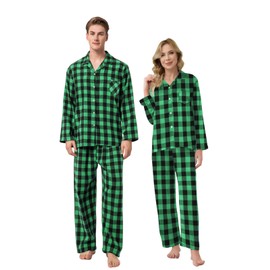 Schbbbta Pajamas for Mens, Flannel Black Green Family Plaid Pajamas Cotton 2-Piece Button Down Sleepwear Pjs Sets, Black Green, US M