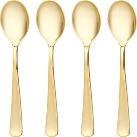 Plastic Cutlery Silverware Extra Heavyweight Disposable Flatware, Full Size Plastic Spoons Like Gold 24 Pack