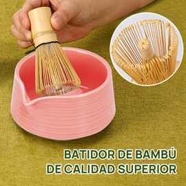 Matcha 4 Set- Tazón de Matcha con boquilla, Batidor de Matcha, Soporte para Batidor de Matcha, Cuchara de Matcha-Juego de Batidoras de Cerámica Juego de Té Japonés (rosa)