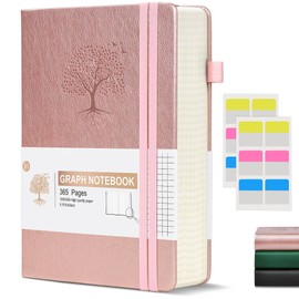 Graph Paper Notebook Journal, 360 Numbered Pages Grid Notebooks, Thick 100gsm Graphing Paper Notebook for Women Men, A5 Large Hardcover Leather Graph Journals for Writing Math 5.75'' × 8.38'' Pink