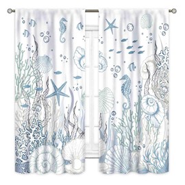 Nautical Beach Curtains, Coastal Seahorse Sea Turtle Starfish Seashell Undersea Animal Blue Blackout Drapes for Bedroom Living Room Kids Room Bathroom Kitchen Window Treatments 2 Panel, 42"x45" Inch