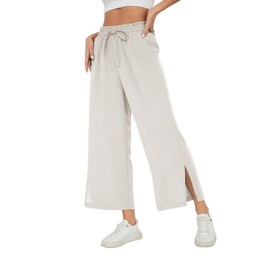 HIYIYEZI Wide Leg Capris for Women Summer Lightweight Casual Loose Trousers with Pockets (Small,Beige)