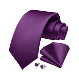 HISDERN Purple Twill Necktie for Men Wedding Party Pocket Square Cufflinks Tie Set Formal Business